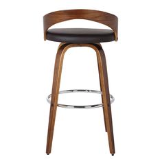 a wooden bar stool with black leather upholstered seat and backrest, viewed from the front