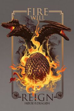 the poster for reign house of the dragon shows two black birds flying over a fireball