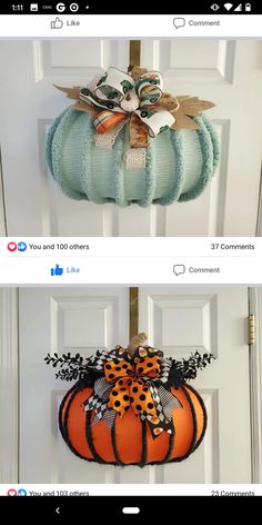 two pictures of pumpkins hanging on the front door, one is decorated with ribbon