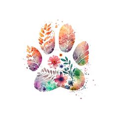 an animal paw with watercolor flowers and leaves