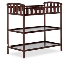 a wooden baby crib with two shelves on the bottom and one shelf below it