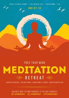 a poster for meditation with a woman sitting in the middle