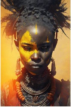 an african woman with yellow paint on her face and black hair, wearing necklaces