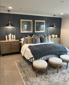 a large bed sitting in a bedroom on top of a rug