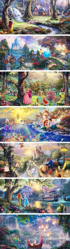 disney's castle is shown in four different scenes, each with their own theme