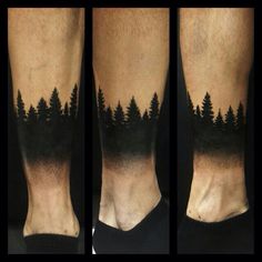 three different views of the same person's legs with trees on them and their feet