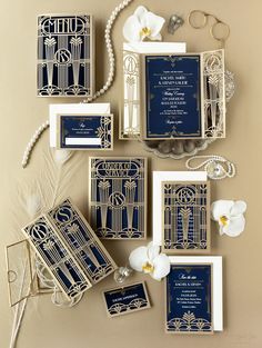 Great Gatsby Save The Date, Navy And Gold Art Deco Wedding, Save The Date Art Deco, Old Hollywood Save The Date, Art Deco Invite, Art Deco Save The Date, Art Deco Menu Design, Modern Vintage Wedding Theme, Art Deco Invites