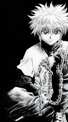 an anime character with blonde hair and chain around his neck, sitting in front of a black background