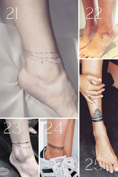 four different tattoos on the legs and feet are shown in this collage with numbers