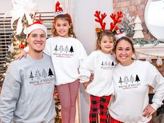 Celebrate Christmas with this personalized family Christmas tree sweatshirt. Perfect for Mom, Dad, youth, toddler and baby. This custom family matching Christmas shirt is fun, festive and will create the most stylish family photo. The design includes four Christmas trees, lights and a space for personalized custom text (i.e., the family name) underneath the message "Merry & Bright''. This Christmas sweater is available in white (adult, youth, toddler & baby) and sport grey (adult & youth) - see Christmas Sweaters Family, Family Christmas Sweaters, Trees Lights, Family Christmas Tree, Family Matching Christmas, Matching Christmas Shirts, Merry Bright Christmas, Bright Christmas, Suit Style