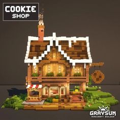 an image of a house made out of lego blocks with the words cookie shop on it