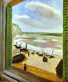 an open window with boats on the beach