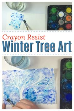 a person painting on paper with watercolors and the words crayon resist winter tree art