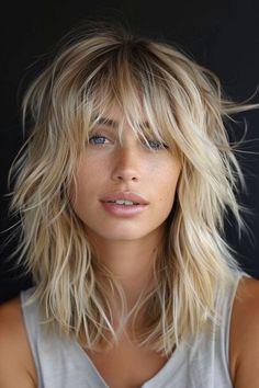 Choppy Long Bob Hairstyles With Bangs, Lob With Textured Layers, Shoulder Length Hairstyles With Fringe, Medium Length Fringe Haircut, Blond Layered Bob, Edgy Lob Haircut, Choppy Hair With Bangs, Shag Hairstyles Medium With Bangs