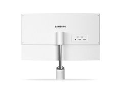 the back side of a white samsung tv antenna with an extension to it's wall