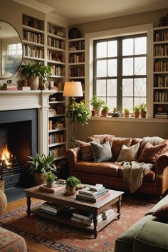 a living room filled with furniture and a fire place in front of a book shelf