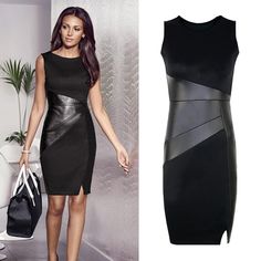 Women's Leather Paneled Bodycon Dress - Wnkrs Stretch Knee-length Lined Bodycon Dress, Fitted Sheath Sleeveless Evening Dress, Elegant Black Slim Fit Bodycon Dress, Elegant Sleeveless Sheath Dress For Night Out, Chic Stretch Bodycon Dress Lined, Chic Stretch Lined Bodycon Dress, Chic Stretch Bodycon Dress With Lining, Chic Slim Fit Sheath Bodycon Dress, Sheath Bodycon Dress For Night Out