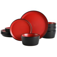 red and black dinnerware set on white background