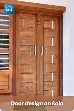 a wooden door with glass inserts on the sides and side panels, in front of a white wall