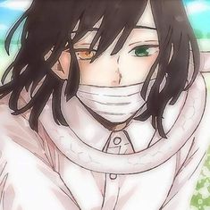 an anime character with black hair and green eyes wearing a white scarf over his face