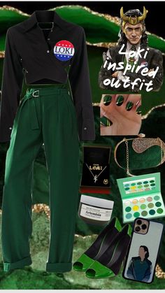 a collage of items including green pants, black shirt and necklaces on display