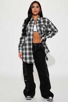 Available In Green/combo And Black/combo. Oversized Tunic Collared Button Front Plaid Long Sleeve Disclaimer: Plaid Placement Will Vary. 80% Polyester 20% Cotton Imported | Pretty In Plaid Oversized Flannel Top in Black size XL by Fashion Nova Oversized Plaid Shirts, Flannel Fashion, Womens Flannel Shirt, Oversized Flannel, Plaid Outfits, Oversized Tunic, Flannel Tops, Long Sleeve Flannel, Shirts Blouses