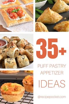 the collage shows different types of appetizers and desserts with text overlay that reads, 35 + puff pastry appetizer ideas