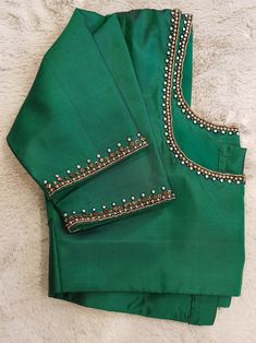 Simple Embroidery For Blouse, Blouse Simple Work Designs, Simple Blouse Hand Designs, Simple Embroidery Blouse, Simple Beads Design On Blouse, Simple Green Blouse Designs For Saree, Simple Ariwork Blouse, Green Silk Blouse Designs