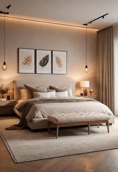 A neutral-toned bedroom with layered bedding, botanical artwork, pendant lights, and a tufted bench. The soft lighting and curtains create a calming and elegant atmosphere. Neutral Bedroom Design, Minimalist Bedroom Decor, Bedroom Decor Cozy, Bedroom Decor Design, Neutral Bedroom, Elegant Bedroom, Modern Bedroom Design, Bedroom Refresh, Bedroom Layouts