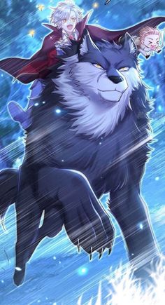 an anime character riding on the back of a wolf with two other characters behind him