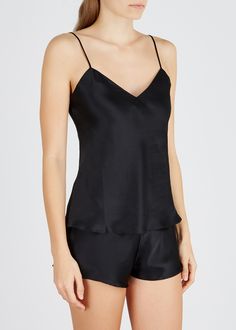 Long Description#Info & Care# Simone Pérèle silk camisole top Adjustable shoulder straps Slips on 100% silk #Size & Fit# Hand wash Length shoulder to hem: 24 inches/ 61cm Lightweight Slim fit Model is 5'10"/ 178cm and wears a size 1 Black Silk Pajamas, Black Silk Camisole, Pajamas Aesthetic, Silk Pajama Pants, Silk Camisole Top, Silk Cami Top, Black Pajamas, Lace Trim Shorts, Silk Sleepwear