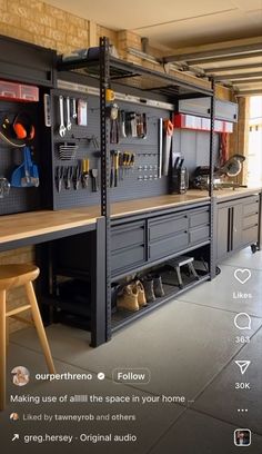 an image of a garage with tools on the wall and shelves in front of it