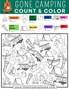 a coloring page with the words gone camping, count and color