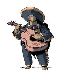 a man in a sombrero holding a pink guitar and wearing a hat with spikes on it