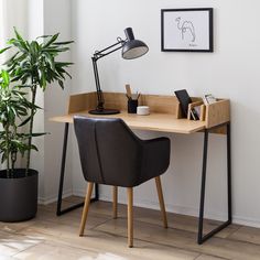 a desk with a chair and lamp next to a potted plant on the floor