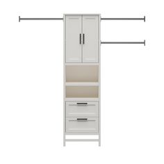 an image of a white closet with two drawers and three bars on the wall above it