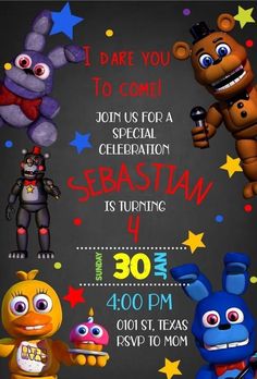 an image of a birthday party with cartoon characters on the front and back of it