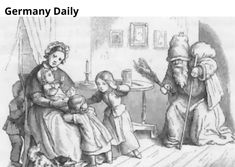 a black and white drawing of an old woman holding a baby in her lap while two children look on