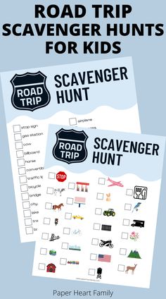 the road trip scavenger hunt for kids is shown in this printable activity