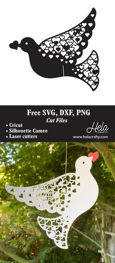 a paper bird hanging from a tree with the words free svg dxf png