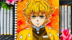 a drawing of an anime character with yellow hair and blue eyes, surrounded by colored pencils