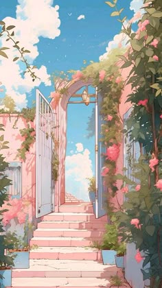 an open door leading into a lush green garden with pink flowers on either side and steps up to it