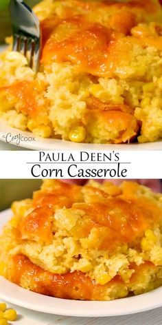 two pictures of corn casserole on a plate with a fork in the middle