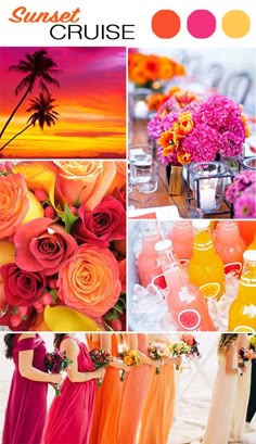 a collage of different pictures with flowers and drinks in them, including oranges, pinks, yellows, and green