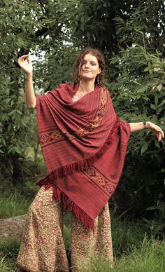 "These beautiful hand-loom shawls are made locally in a small village located in Himachal Pradesh. The shawls are made with a lovely blend of Himalayan merino wool, which is hand dyed with natural dyes. The artisan puts in a great effort to hand-loom such unique pieces. These shawls are 60% merino wool with 20% polyester. The reason why polyester is used for the boarder is because it eliminates fade, which ensures the integrity of the color. If you are looking for 100% merino wool that is possib Ladies Shawl, Shawl Styling, Wool Shawl Wrap, Shawl Outfit, Woven Shawls, Wool Shawl, Women Shawl, Mode Boho, Shoot Inspiration