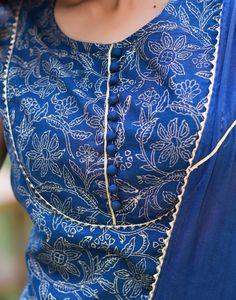 Potli Button Neck Designs Kurti, Printed Kurti Neck Designs, Suit Degin, Kurti Simple, Latest Neck Design, Blue Kurti, Blue Block Print, Printed Kurti Designs, Silk Kurti Designs