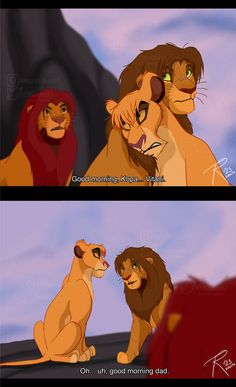 the lion king and his cubs are shown in two different scenes, one is looking at another