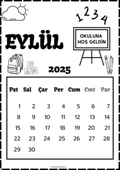 a black and white calendar with the word eyiin written in spanish on it