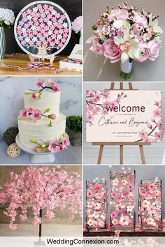 pink and white flowers are on display in this collage