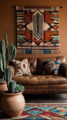 a living room with couches, rugs and cacti on the floor